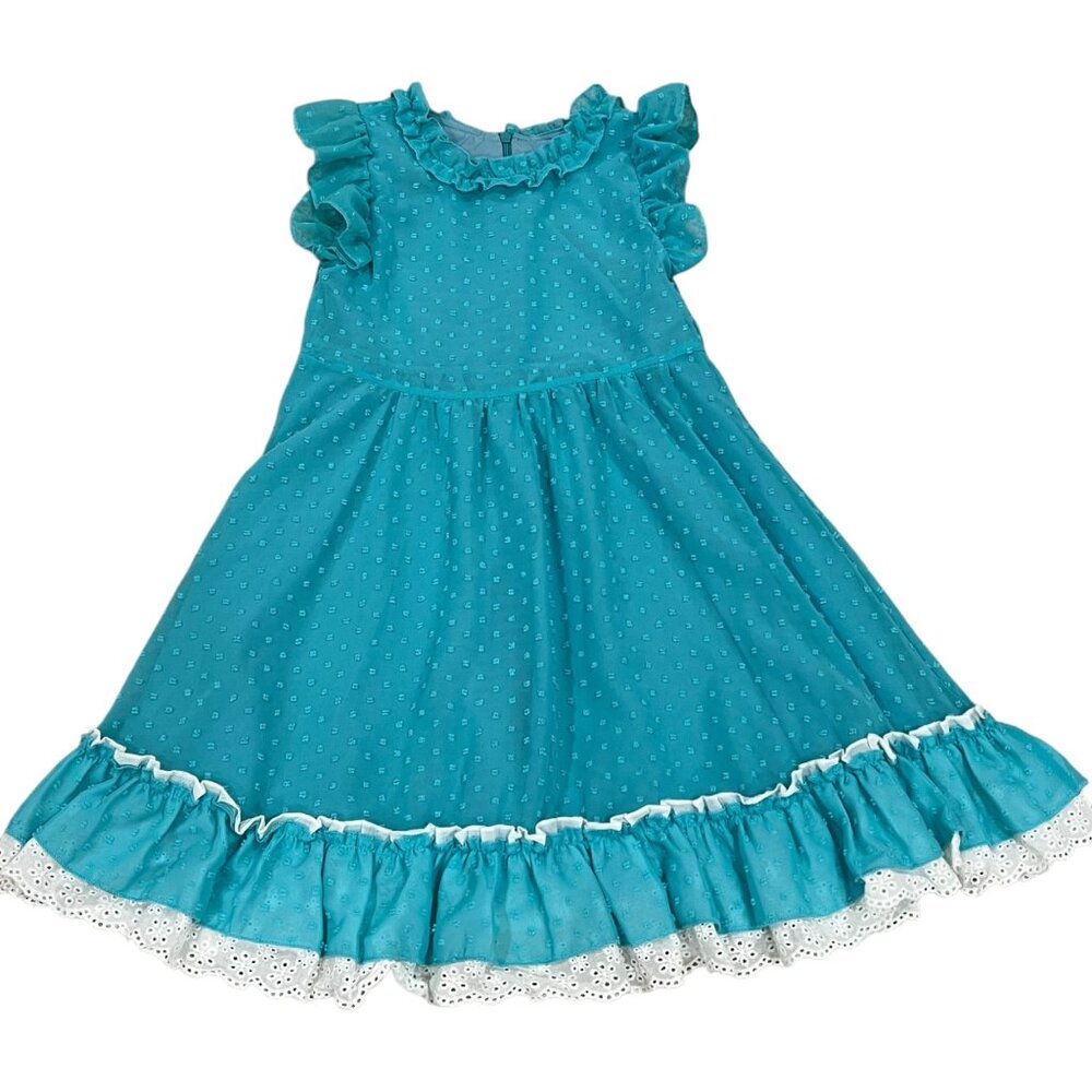 Mia Belle Girls 6/7 Ruffle Sleeveless Dress With White Lace Trim Turquoise